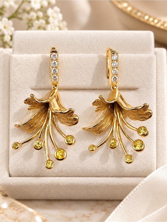 Crogen’s Jewel Box Jewelry - YELLOW SAPPHIRE & DIAMONDS 14k YELLOW GOLD HONEYSUCKLE DANGLE EARRINGS SOUTHERN